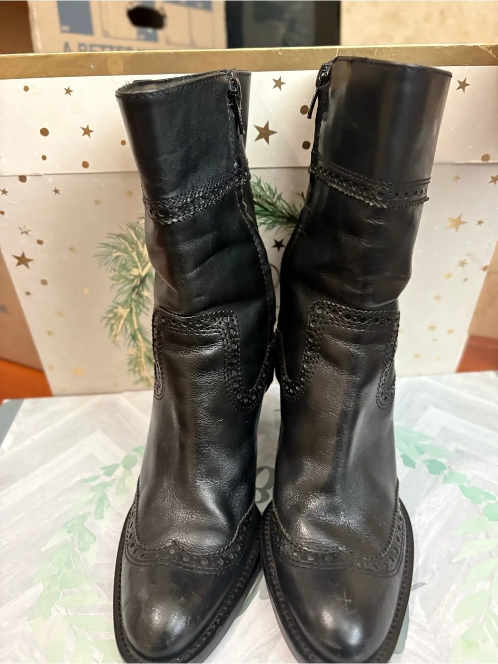 Black Leather Women's Ankle Boots - Classic Brogue Detailing